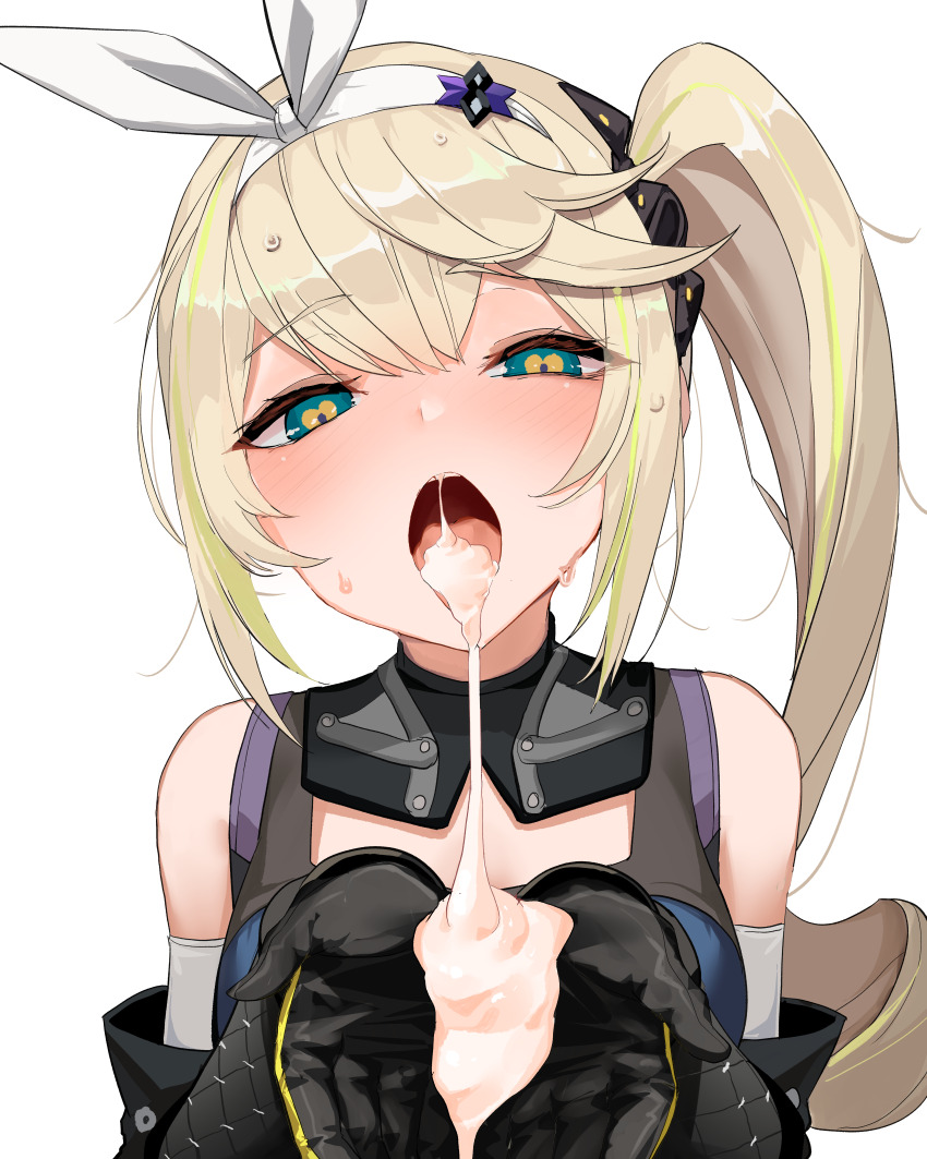 1girl, absurdres, bare_shoulders, black_gloves, black_scrunchie, blonde_hair, blue_eyes, blush, breasts, commentary_request, cum, cum_in_mouth, cum_on_body, cum_on_hands, cum_pool, girls'_frontline, girls'_frontline_2:_exilium, gloves, hair_ornament, hair_scrunchie, hairband, head_tilt, heart, heart-shaped_pupils, highres, long_hair, looking_at_viewer, medium_breasts, multicolored_hair, narrowed_eyes, open_mouth, scrunchie, sharkry_(girls'_frontline_2), side_ponytail, simple_background, solo, streaked_hair, sweat, symbol-shaped_pupils, white_background, white_hairband, yanagui_yugi, yellow_pupils