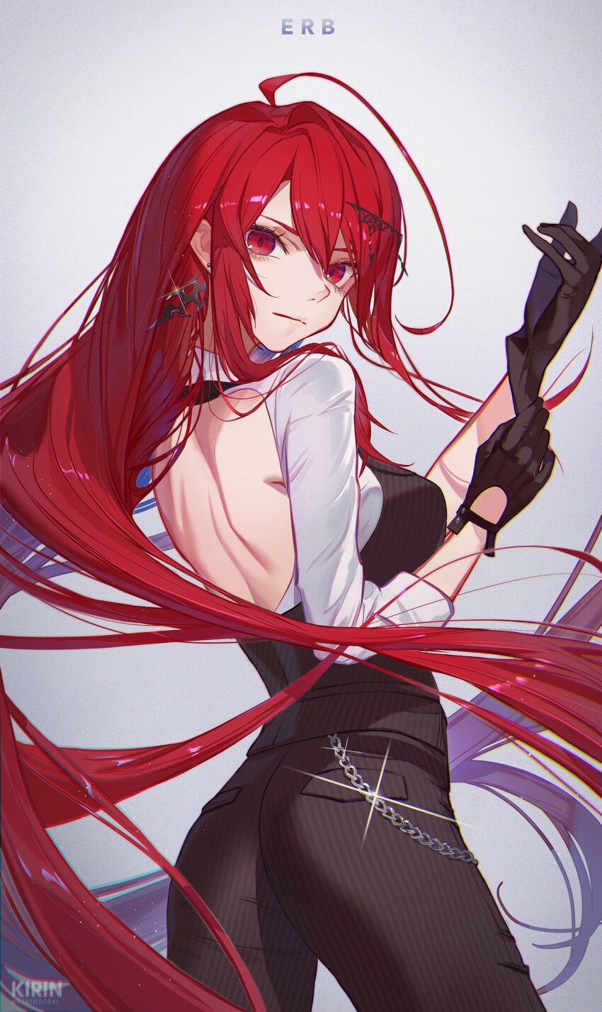 1girl, adjusting_clothes, adjusting_gloves, ahoge, alternate_costume, artist_name, ass, backless_shirt