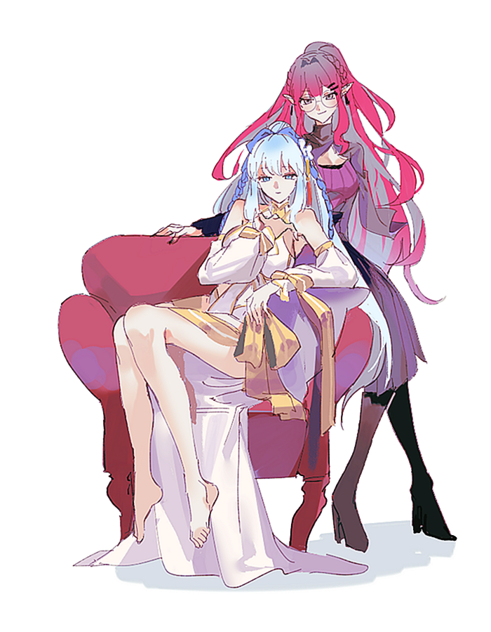 2girls, baobhan_sith_(fate), baobhan_sith_(swimsuit_pretender)_(second_ascension)_(fate), bare_shoulders, barefoot, bikini, black_skirt, blue_eyes