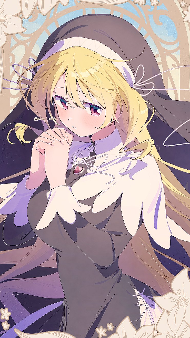 1girl, black_dress, black_veil, blonde_hair, capelet, chest_jewel, coif, commentary_request