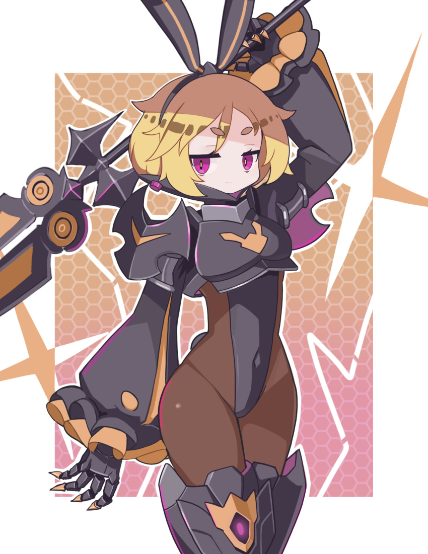 1girl, aged_up, animal_ear_hairband, animal_ears, armor, armored_boots, bident, black_armor, black_gauntlets, black_hairband, black_leotard, black_rabbit_usa, black_sleeves, blonde_hair, bodysuit, boots, border, breastplate, bright_pupils, brown_background, brown_bodysuit, clawed_gauntlets, covered_navel, cowboy_shot, disgaea, disgaea_rpg, expressionless, fake_animal_ears, gradient_background, groin, hairband, highleg, highleg_leotard, highres, hikimayu, holding, holding_polearm, holding_weapon, honeycomb_(pattern), honeycomb_background, jitome, leotard, long_sleeves, looking_at_viewer, makai_senki_disgaea_5, mecha_musume, pantyhose, pauldrons, pink_background, polearm, purple_eyes, rabbit_ear_hairband, rabbit_ears, rabbit_girl, rabbit_tail, short_eyebrows, short_hair, shoulder_armor, solo, spear, standing, suaman, tail, thick_eyebrows, thigh_boots, usalia_(disgaea), weapon, white_border