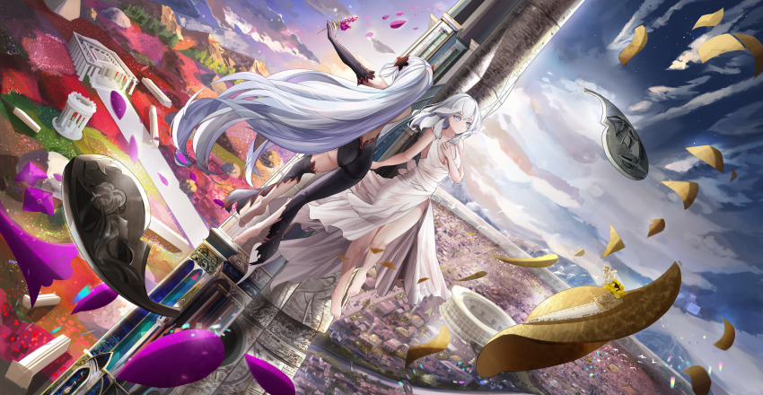 1girl, absurdres, black_gloves, building, city, cityscape, cleavage_cutout, clothing_cutout