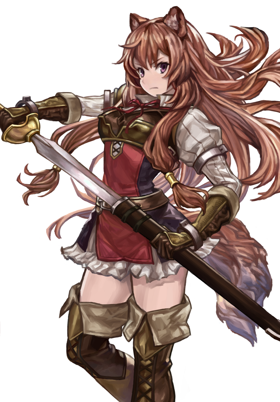 1girl, animal_ears, armor, boobplate, boots, bow, breastplate, brown_hair