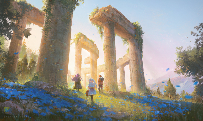 1boy, 2girls, absurdres, artist_name, axe, black_coat, black_pantyhose, blue_flower, blue_pants, blue_sky, boots, brown_boots, capelet, coat, commentary, earrings, elf, fern_(sousou_no_frieren), flower, frieren, grass, highres, holding, holding_suitcase, jewelry, landscape, long_hair, long_sleeves, multiple_girls, overgrown, pants, pantyhose, pillar, pointy_ears, purple_hair, red_hair, red_shirt, ruins, scenery, shirt, short_hair, sky, sousou_no_frieren, stark_(sousou_no_frieren), stephen_njoto, suitcase, tree, twintails, walking, weapon, weapon_on_back, white_capelet, white_hair