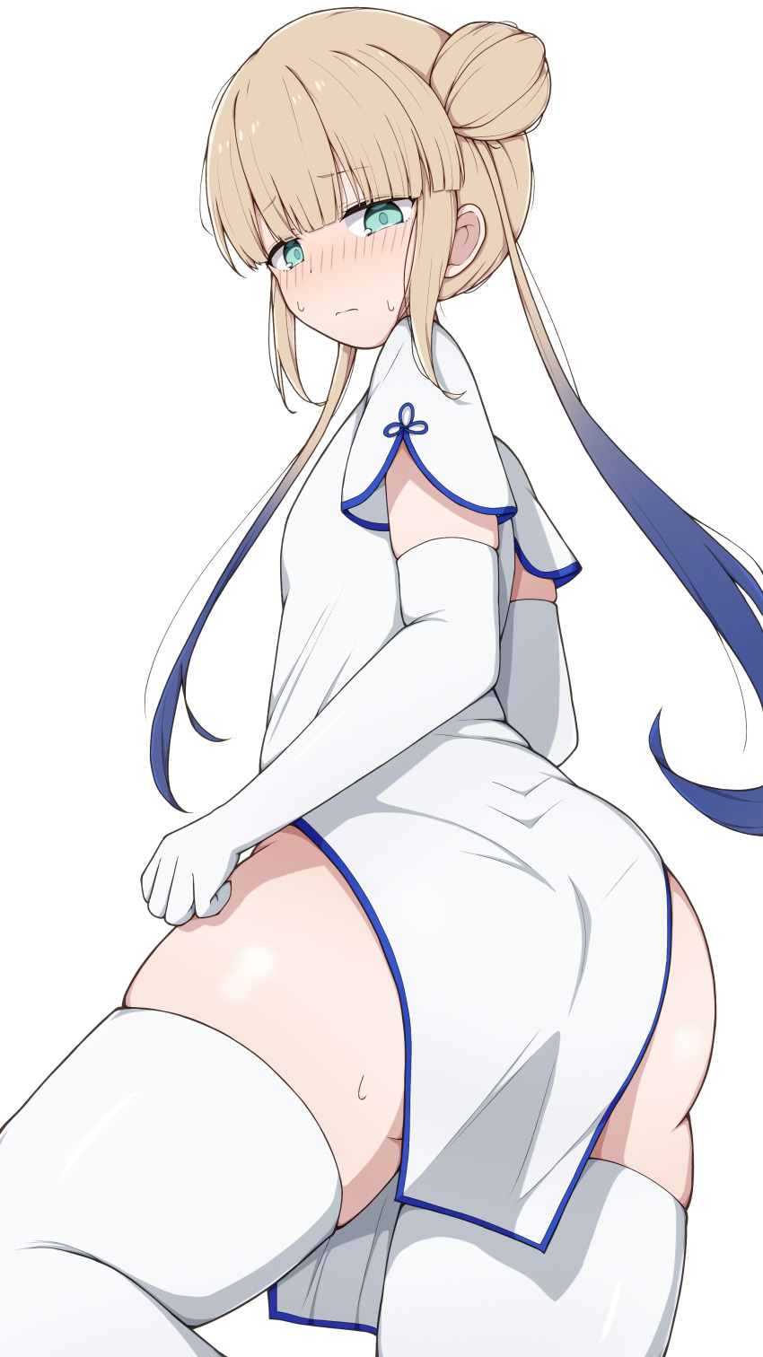 1boy, absurdres, alternate_costume, ass, azuki_(ne_4zk), blonde_hair, blue_eyes, blue_hair, blush, captain_nemo_(fate), double_bun, dress, elbow_gloves, fate/grand_order, fate_(series), gloves, gradient_hair, hair_bun, highres, long_hair, looking_at_viewer, multicolored_hair, nemo_(fate), solo, thighhighs, trap, very_long_hair, white_background, white_dress, white_thighhighs