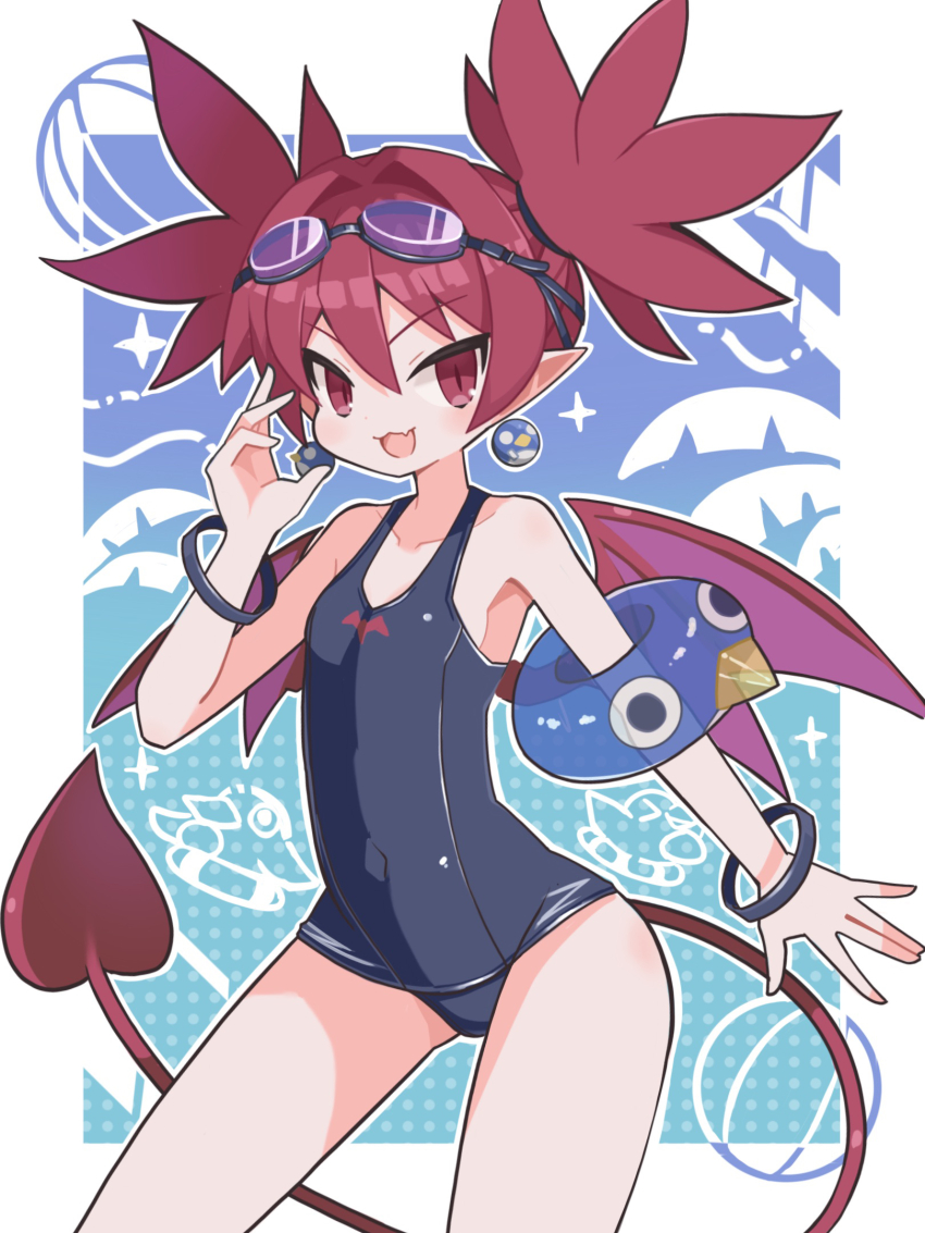 1girl, :3, :d, bat_wings, blue_one-piece_swimsuit, blush, border, collarbone, commentary_request, covered_navel, demon_girl, demon_tail, demon_wings, disgaea, earrings, etna_(disgaea), flat_chest, goggles, goggles_on_head, gradient_background, highres, inflatable_armbands, jewelry, looking_at_viewer, makai_senki_disgaea, mini_wings, navel, old_school_swimsuit, one-piece_swimsuit, open_mouth, palm_tree, petite, pointy_ears, polka_dot, polka_dot_background, red_eyes, red_hair, red_tail, red_wings, school_swimsuit, short_hair, smile, solo, sparkle, sphere_earrings, spiked_hair, suaman, swim_goggles, swimsuit, tail, tree, twintails, white_border, wings