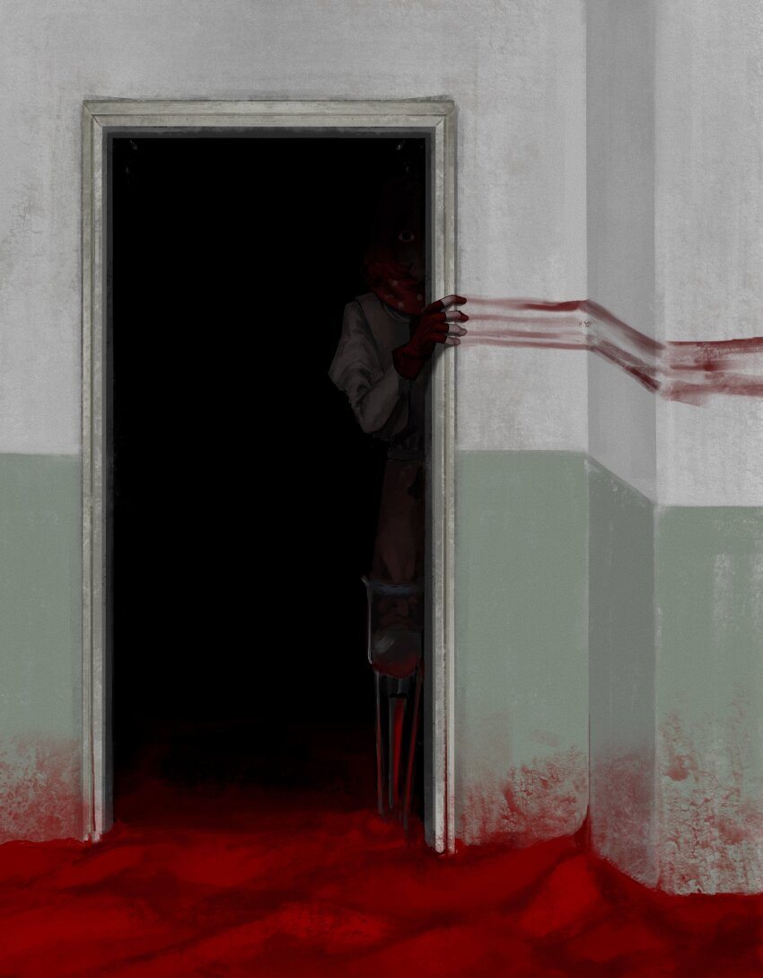 1boy, absurdres, blood, blood_on_hands, blood_trail, doorway, fingerless_gloves, gloves
