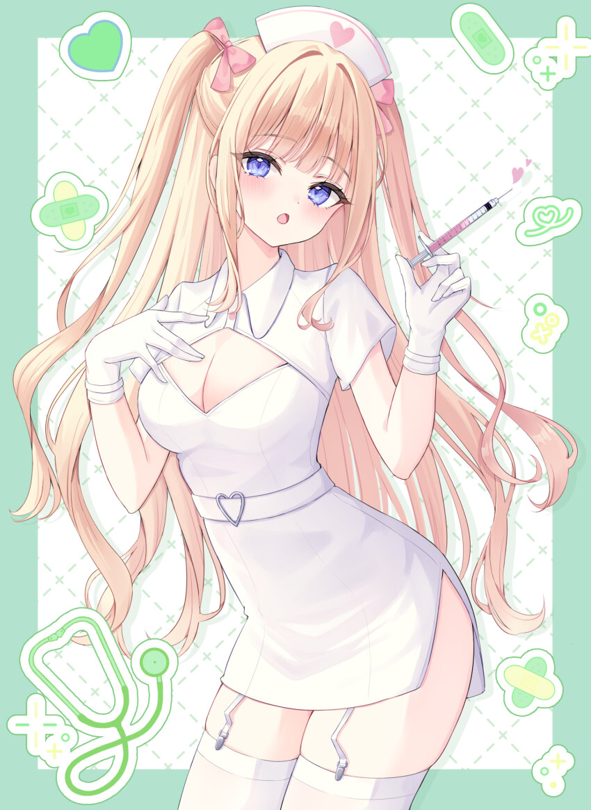 1girl, :o, blonde_hair, blue_eyes, blush, border, breasts, cleavage_cutout