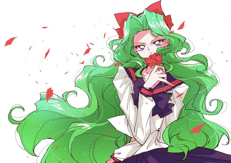 1girl, bishoujo_senshi_sailor_moon, bishoujo_senshi_sailor_moon_stars, black_bow, black_skirt, bow, flower, green_hair
