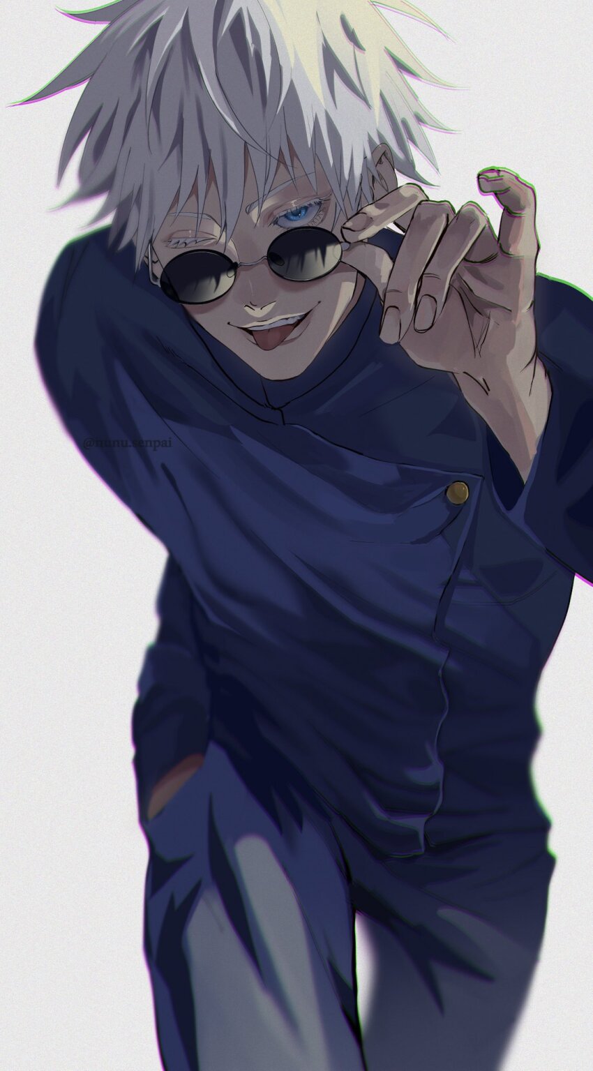 1boy, blue_eyes, blue_jacket, blue_pants, colored_eyelashes, gojo_satoru, hand_in_pocket, highres