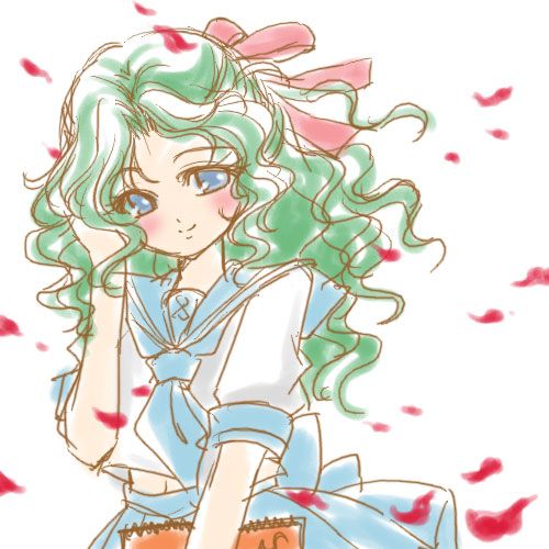 1girl, bishoujo_senshi_sailor_moon, bishoujo_senshi_sailor_moon_stars, blue_eyes, blue_neckerchief, blue_skirt, blush, green_hair