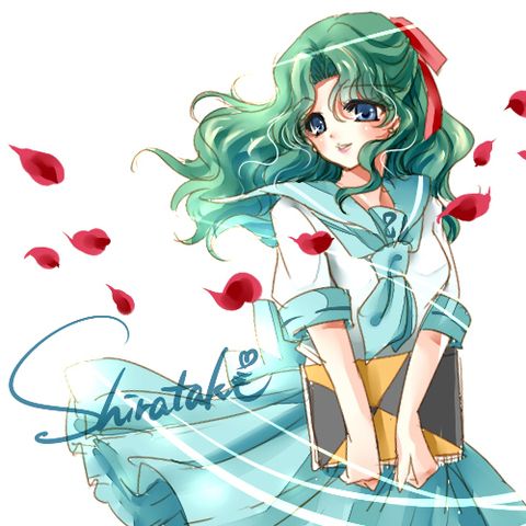 1girl, bishoujo_senshi_sailor_moon, bishoujo_senshi_sailor_moon_stars, blue_eyes, blue_neckerchief, blue_skirt, blush, book, earrings, green_hair, hair_ribbon, heart, holding, holding_book, ijuuin_sonoko, jewelry, long_hair, looking_at_viewer, neckerchief, petals, red_ribbon, ribbon, school_uniform, shirataki_kaiseki, shirt, short_sleeves, skirt, smile, standing, white_background, white_shirt, wind
