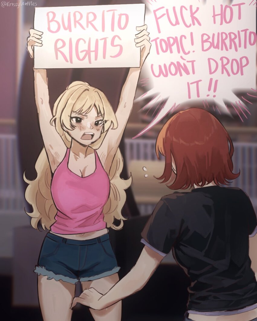 2girls, ari_(class_of_09), black_shirt, blonde_hair, breasts, class_of_09, cleavage, denim