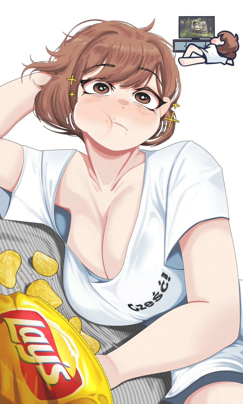 +_+, 1girl, absurdres, bag_of_chips, blush, blush_stickers, breasts, brown_eyes, brown_hair, censored, censored_identity, cheek_bulge, chibi, chibi_inset, chips_(food), cleavage, closed_mouth, commentary, double_biub, dutch_angle, eating, english_commentary, flat_screen_tv, food, food_on_face, full_mouth, hand_on_own_head, head_rest, highres, large_breasts, lay's_(potato_chips), lying, motion_lines, multiple_views, no_pants, on_side, original, oversized_clothes, oversized_shirt, polish_text, potato_chips, scoop_neck, shirt, short_hair, short_sleeves, shrek, shrek_(series), swept_bangs, television, clothes_writing, watching_television, white_background, white_shirt