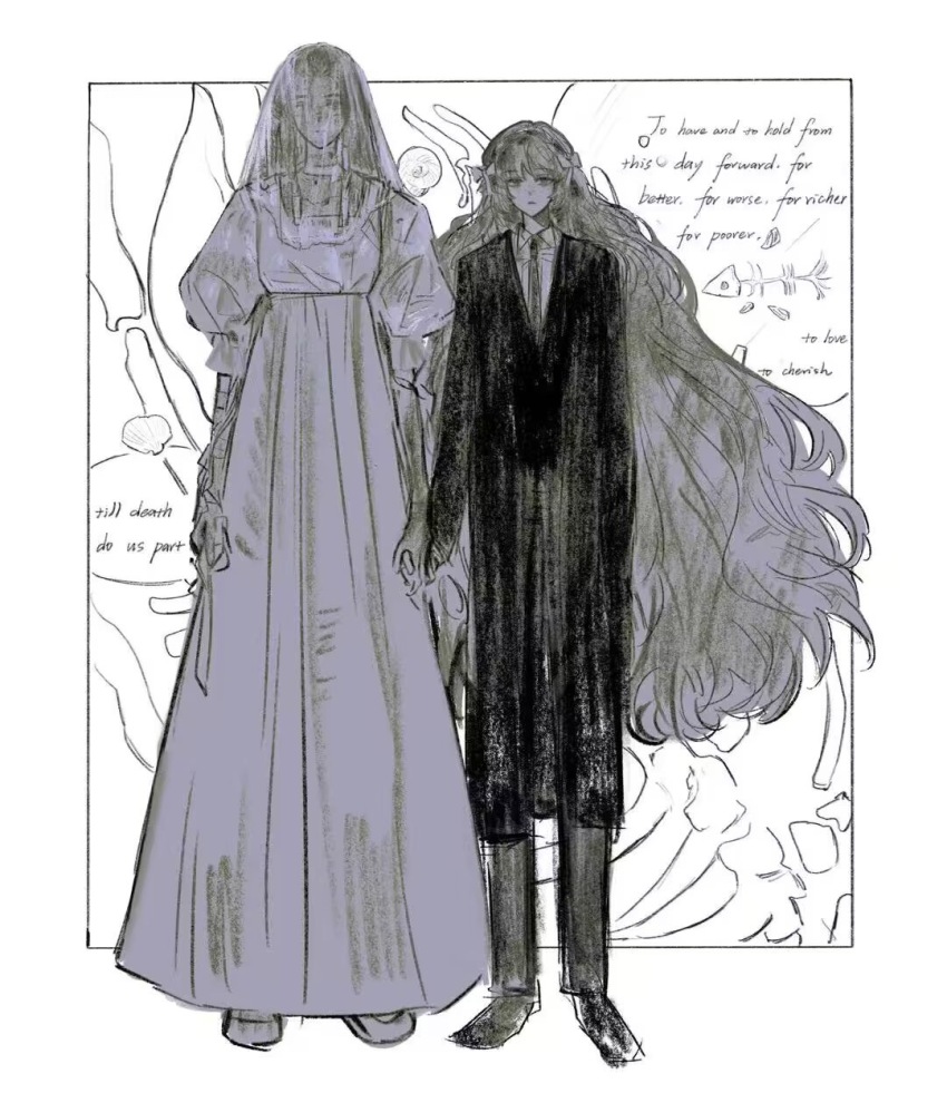 2girls, arm_tattoo, bow, bubutoday, chinese_commentary, collared_shirt, commentary_request, dress, dress_shirt, english_text, facial_tattoo, female_focus, formal_clothes, freckles, full_body, greyscale, hair_bow, hairband, highres, ishmael_(project_moon), limbus_company, long_dress, long_hair, mixed_media, monochrome, multiple_girls, necktie, project_moon, queequeg_(project_moon), shirt, shoes, skeleton, suit, tattoo, veil, very_long_hair, wedding, wedding_dress, wife_and_wife, yuri