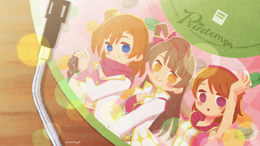 3girls, :>, arms_up, bandeau, beret, blue_eyes, blush, blush_stickers