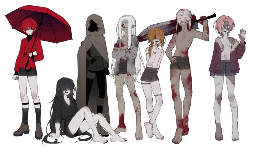 6+boys, aged_down, ankle_socks, bandaged_head, bandages, bandages_over_eyes, bisu_(hw3op), black_hair, black_kimono, black_sclera, blood, blood_on_clothes, bloody_bandages, bloody_weapon, blue_eyes, brown_cloak, cloak, coat, colored_sclera, commentary_request, full_body, hair_over_one_eye, highres, holding, holding_machete, holding_umbrella, homicipher, jacket, japanese_clothes, kimono, korean_commentary, long_hair, looking_at_viewer, male_focus, multiple_boys, no_shirt, orange_eyes, orange_hair, pink_hair, pointy_ears, red_coat, red_eyes, red_hair, red_umbrella, sharp_teeth, short_hair, short_kimono, shorts, simple_background, socks, stitches, teeth, topless_male, umbrella, very_long_hair, weapon, white_background, white_hair