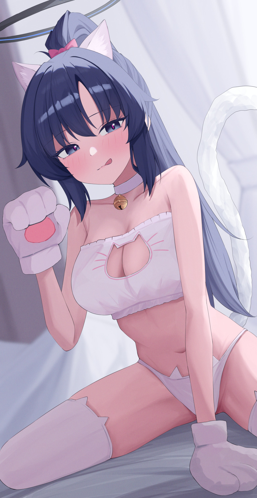 1girl, :q, absurdres, alternate_costume, animal_ear_legwear, animal_ears, animal_hands, bare_shoulders, bed_sheet, bell, black_hair, black_halo, blue_archive, blue_eyes, blush, bra, breasts, cat_cutout, cat_ear_legwear, cat_ear_panties, cat_ears, cat_lingerie, cat_tail, choker, cleavage, cleavage_cutout, clothing_cutout, collarbone, commentary, frilled_bra, frills, gloves, halo, hand_up, high_ponytail, highres, jingle_bell, large_breasts, long_hair, looking_at_viewer, navel, neck_bell, panties, paw_gloves, ponytail, sei_(0724sei6), sitting, solo, stomach, tail, thighhighs, tongue, tongue_out, underwear, very_long_hair, white_bra, white_choker, white_panties, white_thighhighs, yuuka_(blue_archive)