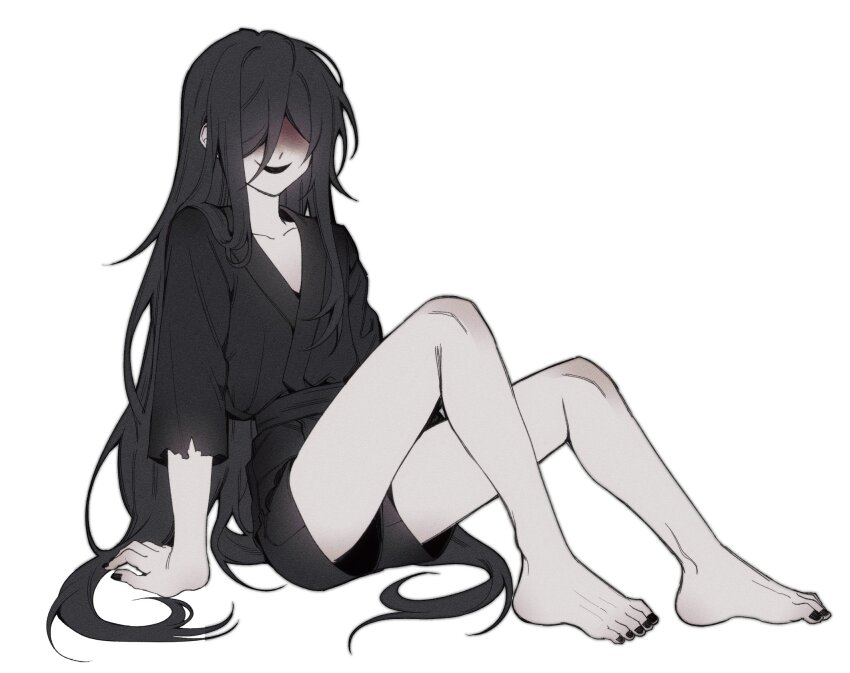 1boy, aged_down, androgynous, bisu_(hw3op), black_hair, black_kimono, black_nails, blood, blood_on_face, commentary_request, facing_viewer, full_body, highres, homicipher, japanese_clothes, kimono, knees_up, korean_commentary, long_hair, male_focus, mr._crawling, short_kimono, shorts, simple_background, sitting, solo, very_long_hair, white_background