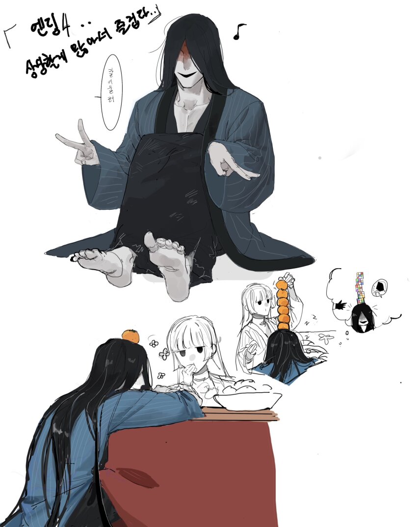 1boy, 1girl, barefoot, black_hair, black_kimono, blood, blood_on_face, blue_coat