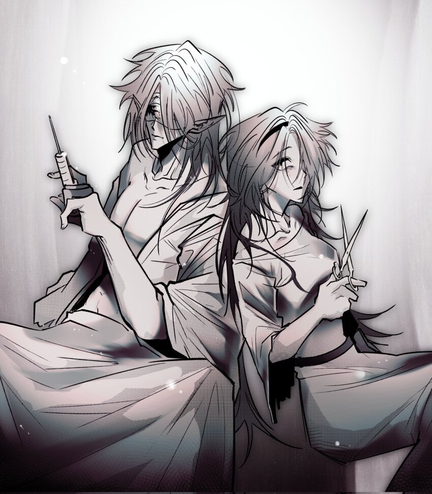 1boy, 1girl, bandages, bandages_over_eyes, blood, bloody_bandages, coat, dress