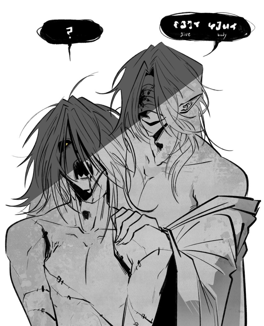 2boys, bandages, bandages_over_eyes, black_sclera, blood, bloody_bandages, coat, colored_sclera