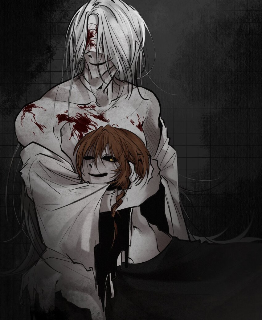 2boys, bandages, bandages_over_eyes, black_background, black_sclera, blood, bloody_bandages, braid, brown_hair, coat, colored_sclera, commentary_request, grey_hair, grid_background, groin, highres, holding_detached_head, homicipher, korean_commentary, long_hair, male_focus, mr._chopped, mr._silvair, multiple_boys, no_shirt, severed_head, yahona1017, yellow_eyes