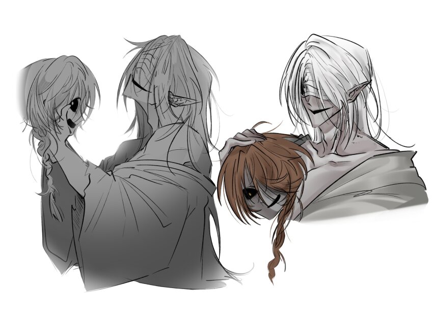 2boys, bandages, bandages_over_eyes, black_sclera, brown_hair, coat, colored_sclera, commentary_request