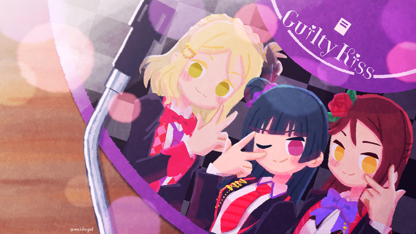 3girls, :3, ;), black_feathers, black_jacket, blazer, blonde_hair, blue_hair