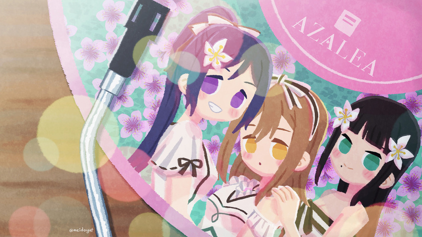 3girls, :o, aqua_eyes, azalea_(love_live!), black_hair, blue_hair, blunt_bangs, blurry