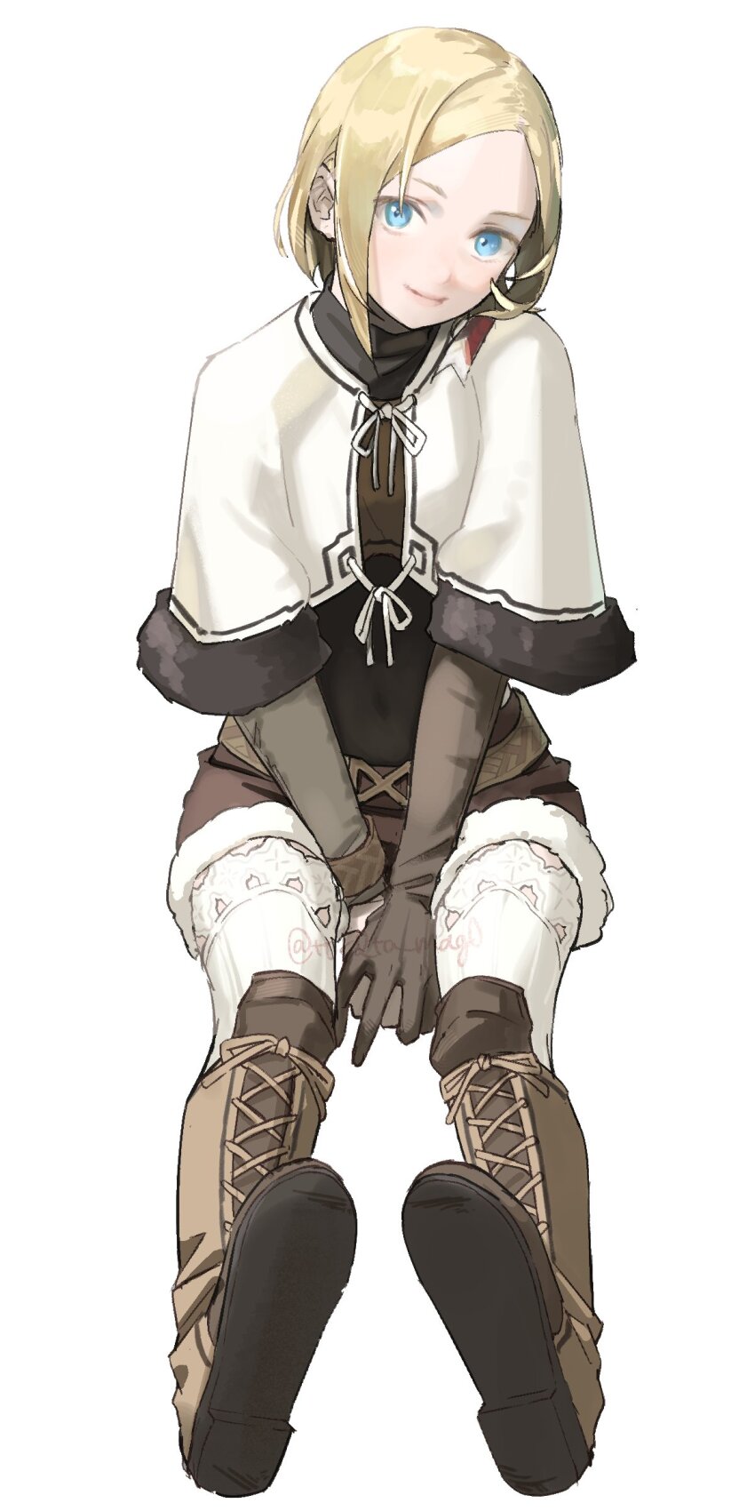 1girl, absurdres, asymmetrical_sidelocks, black_leotard, blonde_hair, blue_eyes, boots, brown_footwear