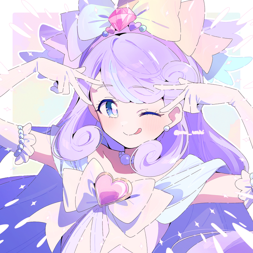 1girl, ;q, bare_shoulders, bead_choker, beads, blue_eyes, blue_sleeves, border