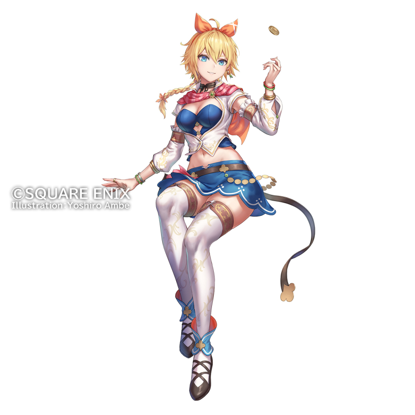 1girl, ahoge, anbe_yoshirou, arm_up, artist_name, blonde_hair, blue_corset, blue_eyes, blue_skirt, bracelet, braid, breasts, brown_footwear, cat_(romancing_saga_2), cat_(saga), coin, commentary_request, copyright_notice, corset, detached_sleeves, full_body, hair_ribbon, highres, jacket, jewelry, long_hair, navel, official_art, orange_ribbon, ribbon, romancing_saga_2, saga, simple_background, single_braid, skirt, sleeveless, sleeveless_jacket, smile, solo, thighhighs, white_background, white_jacket, white_thighhighs