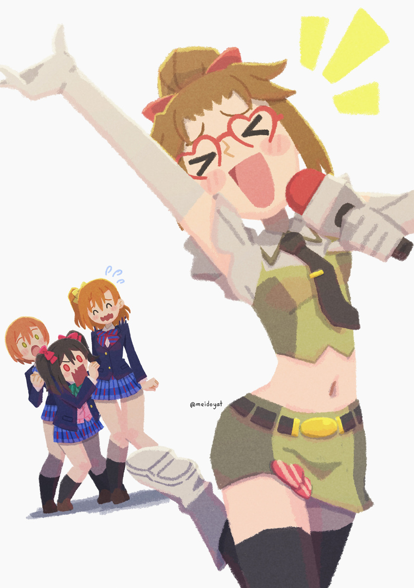 >_<, 4girls, :d, :o, ^_^, absurdres, akiba_reporter, arm_up