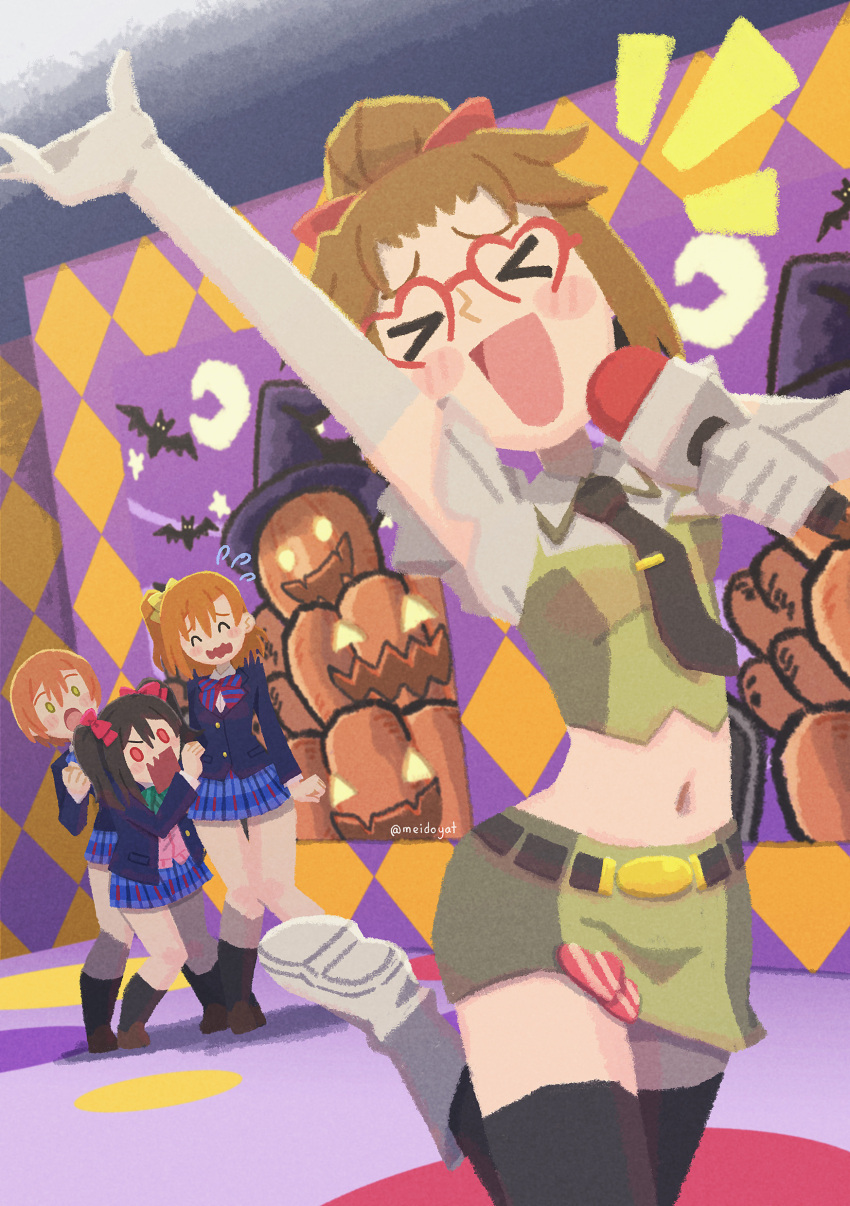 >_<, 4girls, :d, :o, ^_^, absurdres, akiba_reporter, arm_up