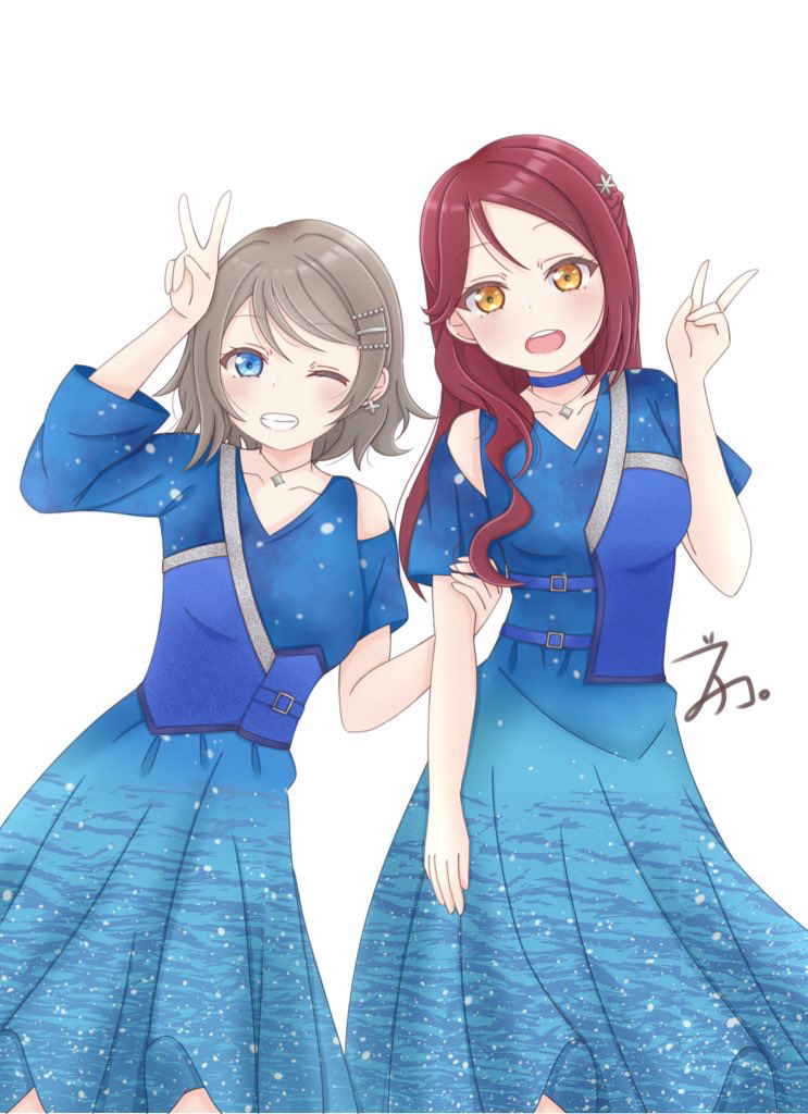 2girls, :d, ;d, blue_choker, blue_dress, blue_eyes, buchiko_(shakishaki25726), choker