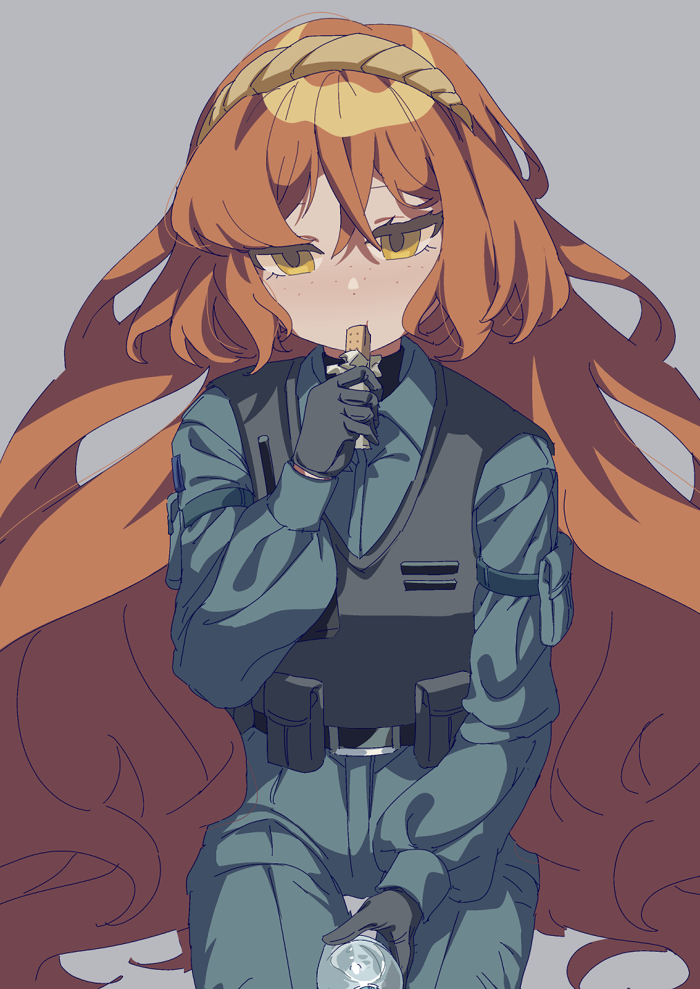 1girl, belt, black_belt, black_gloves, black_vest, blue_jacket, brown_hairband, caloriemate, gloves, grey_background, hairband, hand_up, highres, hoshizuki_sakusa, ishmael_(project_moon), jacket, lccb_(identity)_(project_moon), limbus_company, long_hair, looking_down, orange_hair, pouch, project_moon, rope, sidelocks, simple_background, sitting, solo, very_long_hair, vest