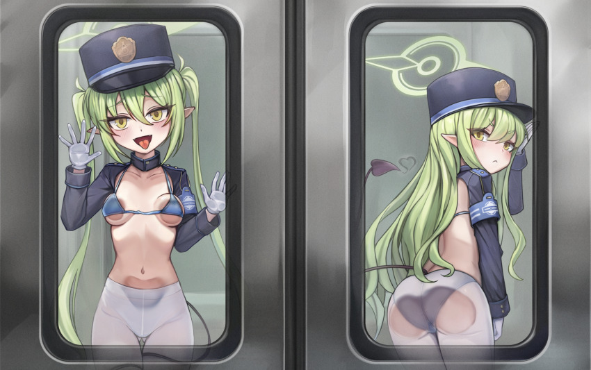 2girls, against_glass, ass, ass_on_glass, ass_press, backless_jacket, between_legs, blue_archive, blue_bra, blue_panties, blush, bra, breast_press, breasts_on_glass, commentary_request, curly_hair, demon_girl, demon_tail, fangs, from_behind, frontless_outfit, frown, geomissword, glass_writing, gloves, green_hair, green_halo, hair_between_eyes, halo, hand_up, hands_up, hat, heart, highres, hikari_(blue_archive), hip_focus, leaning_forward, loli, long_hair, looking_at_viewer, looking_back, multiple_girls, navel, no_pants, nozomi_(blue_archive), panties, panties_under_pantyhose, pantyhose, siblings, sisters, tail, tail_around_own_leg, tail_between_legs, thigh_gap, thighs, twins, twintails, underwear, very_long_hair, white_gloves, white_panties, yellow_eyes