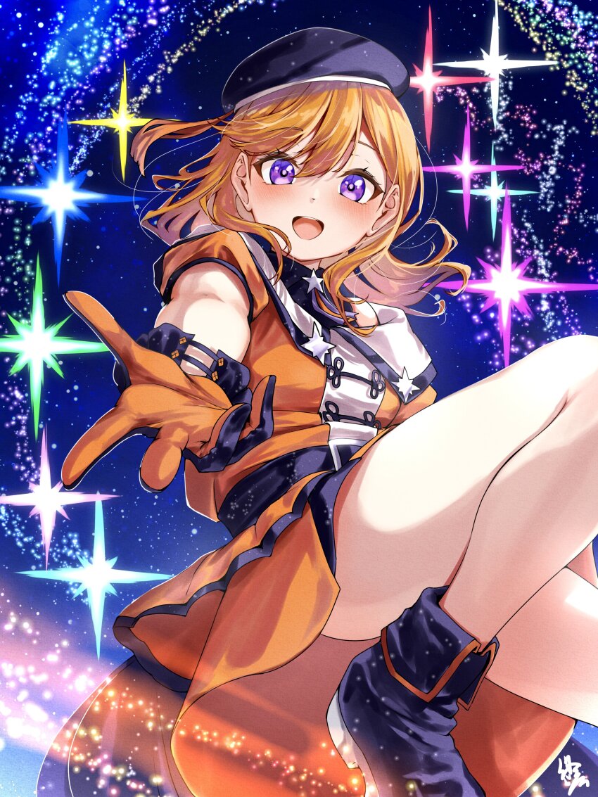 1girl, :d, absurdres, beret, black_footwear, black_gloves, black_hat, blush