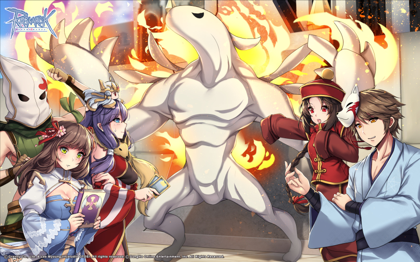 2boys, 3girls, animal, animal_around_neck, arch_bishop_(ragnarok_online), aruma_jiki, black_hair, black_sash, blue_dress, blue_eyes, blue_kimono, book, braid, braided_ponytail, breasts, brown_dress, brown_eyes, brown_hair, camouflage_scarf, character_doll, cleavage, cleavage_cutout, closed_mouth, clothing_cutout, copyright_notice, cowboy_shot, cross, detached_sleeves, doll, doll_on_head, dress, fire, flower, fox, fox_mask, gentouki, gloom_under_night, gorou_(ragnarok_online), green_scarf, green_shirt, hair_flower, hair_ornament, hat, highres, holding, holding_book, japanese_clothes, jiangshi, juliet_sleeves, kimono, large_breasts, logo, long_hair, long_sleeves, looking_at_viewer, mask, mask_on_head, medium_breasts, multiple_boys, multiple_girls, munak, obi, official_art, official_wallpaper, open_mouth, pink_flower, pope_(ragnarok_online), professor_(ragnarok_online), puffy_sleeves, purple_hair, qingdai_guanmao, ragnarok_online, ranger_(ragnarok_online), red_dress, red_eyes, red_hat, red_sleeves, red_vest, sash, scarf, shirt, short_hair, sleeveless, sleeveless_dress, sleeveless_shirt, sleeves_past_fingers, sleeves_past_wrists, small_breasts, smile, striped_sleeves, two-tone_dress, vest, white_dress, white_hood