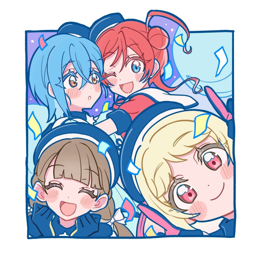 4girls, :d, :o, ;d, ^_^, black_gloves, blonde_hair, blue_eyes