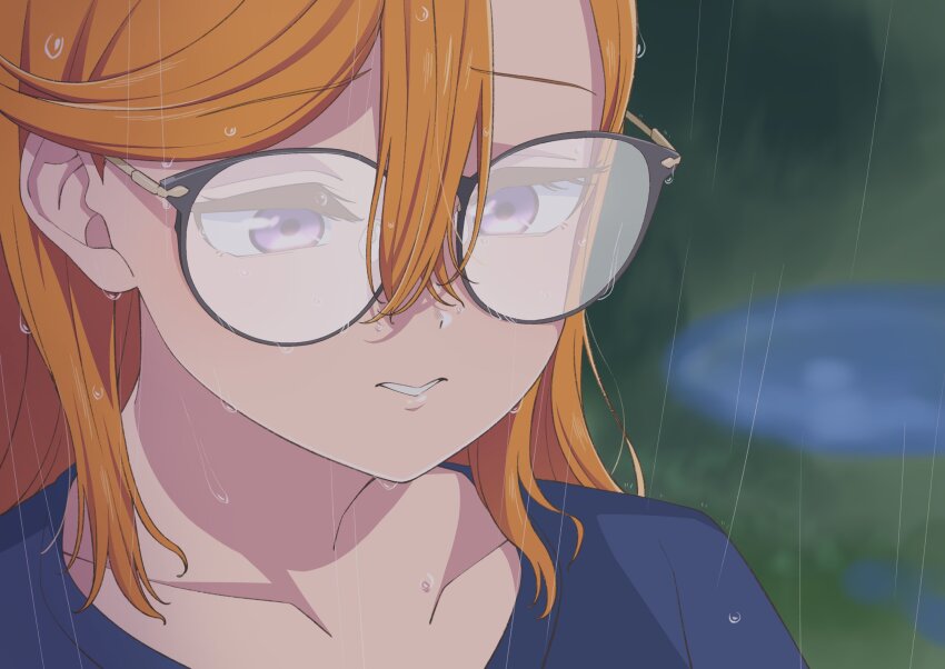 1girl, black-framed_eyewear, blue_shirt, blurry, blurry_background, collarbone, commentary, glasses