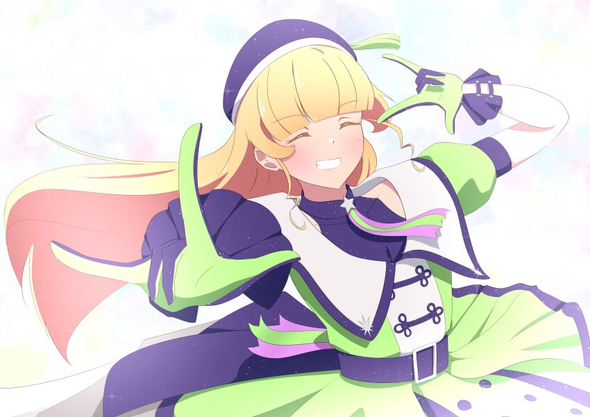 1girl, \m/, ^_^, absurdres, arms_up, beret, blonde_hair, blue_gloves, blue_hat, blue_shirt, blunt_bangs, blush, closed_eyes, collared_shirt, colored_eyelashes, commentary, double_\m/, dress, facing_viewer, floating_hair, foreshortening, frilled_gloves, frills, gloves, green_dress, green_gloves, grin, hat, heanna_sumire, highres, light_particles, long_hair, love_live!, love_live!_superstar!!, official_alternate_costume, outstretched_arm, puffy_short_sleeves, puffy_sleeves, shirt, short_sleeves, simple_background, sleeveless, sleeveless_shirt, smile, solo, star_(symbol), superstar!!_(love_live!), tabi139, two-sided_gloves, upper_body, white_background