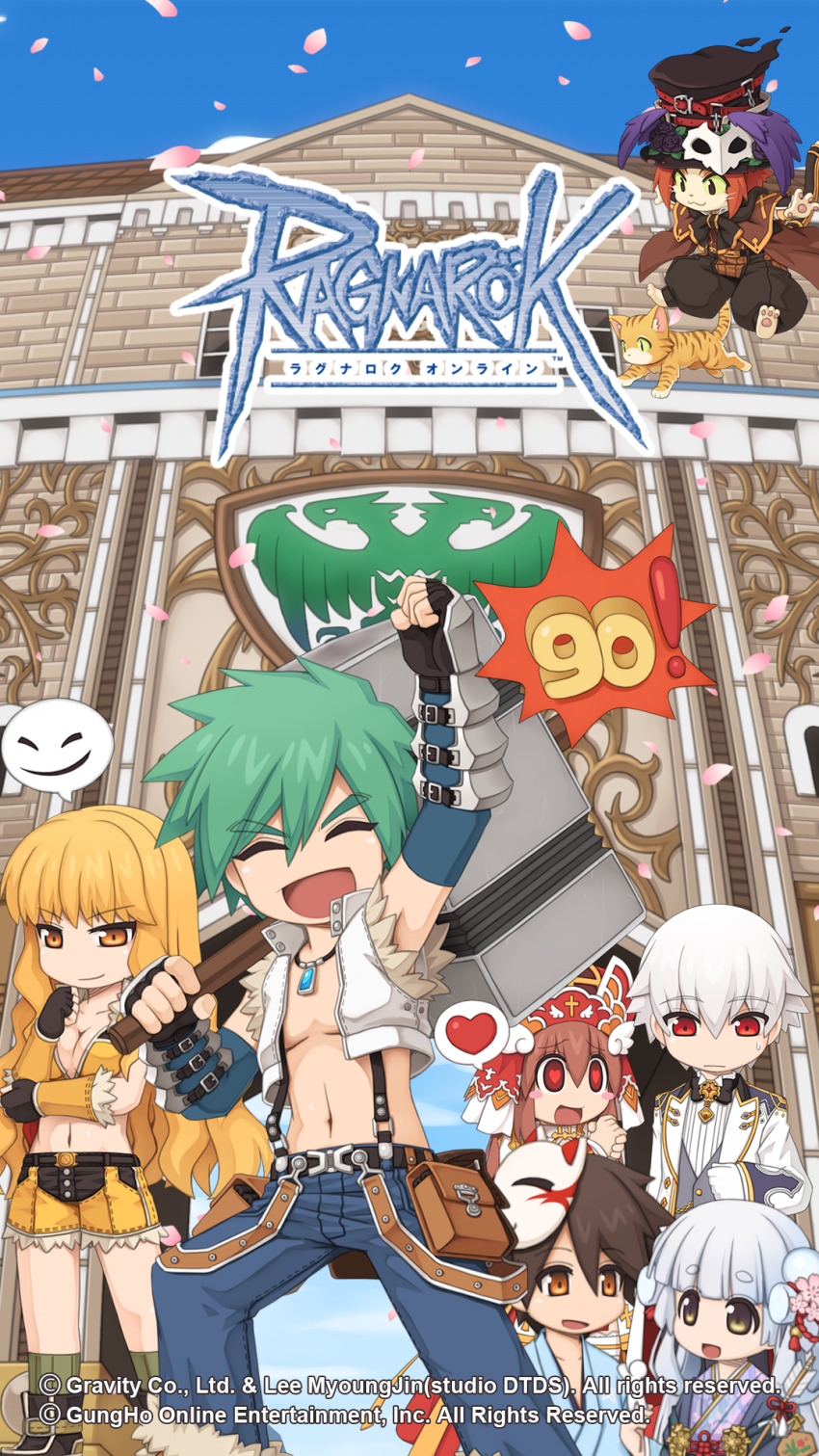 3girls, 4boys, alternate_costume, animal_ears, arch_bishop_(ragnarok_online), arm_under_breasts, barefoot, belt