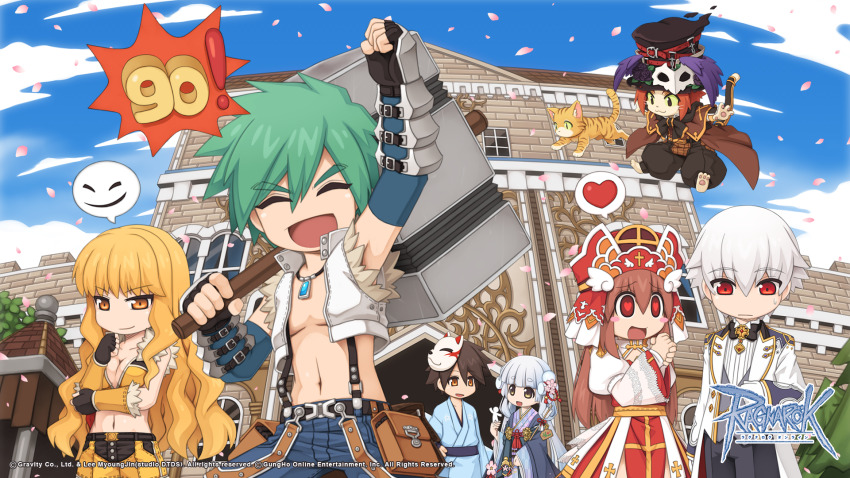 3girls, 4boys, alternate_costume, animal_ears, arch_bishop_(ragnarok_online), arm_under_breasts, barefoot, belt