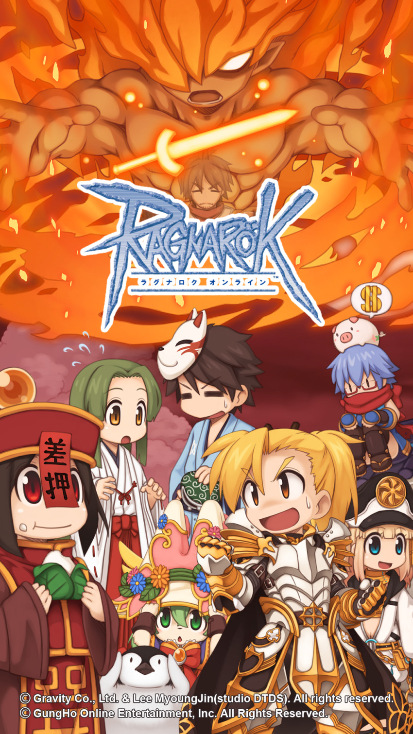 4boys, 5girls, agni_(ragnarok_online), armor, asymmetrical_bangs, bird, black_cape, black_gloves