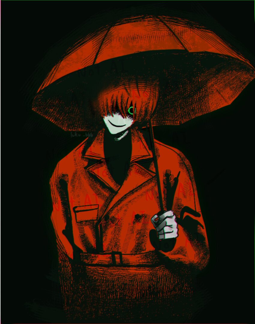 1boy, black_background, black_eyes, coat, colored_sclera, commentary, green_sclera, hand_up