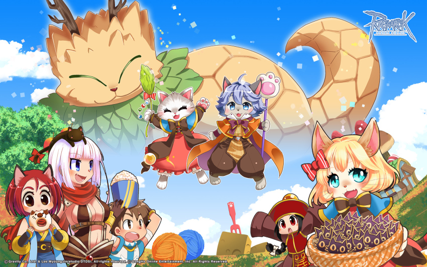 2boys, 5girls, ahoge, animal_ears, antlers, armor, assassin_cross_(ragnarok_online), barefoot