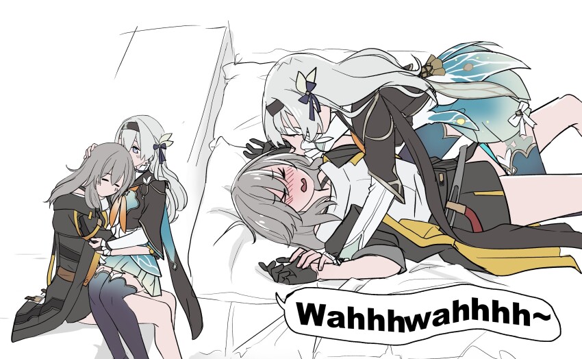 >_<, 2girls, black_gloves, black_hairband, black_jacket, black_skirt, black_thighhighs, blush