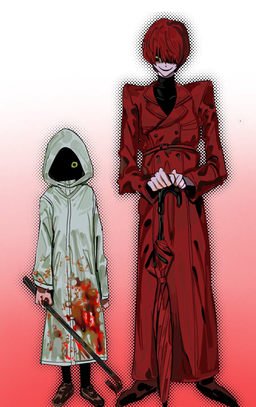 1boy, 1girl, black_eyes, blood, blood_on_clothes, bloody_weapon, coat, colored_sclera